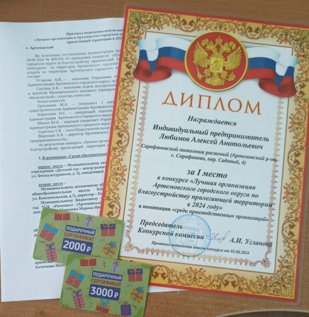 Новости и статьи: Первое место в конкурсе «Лучшая организация Артемовского городского округа по благоустройству прилегающей территории в 2024 г.» - Сарафановский питомник растений.